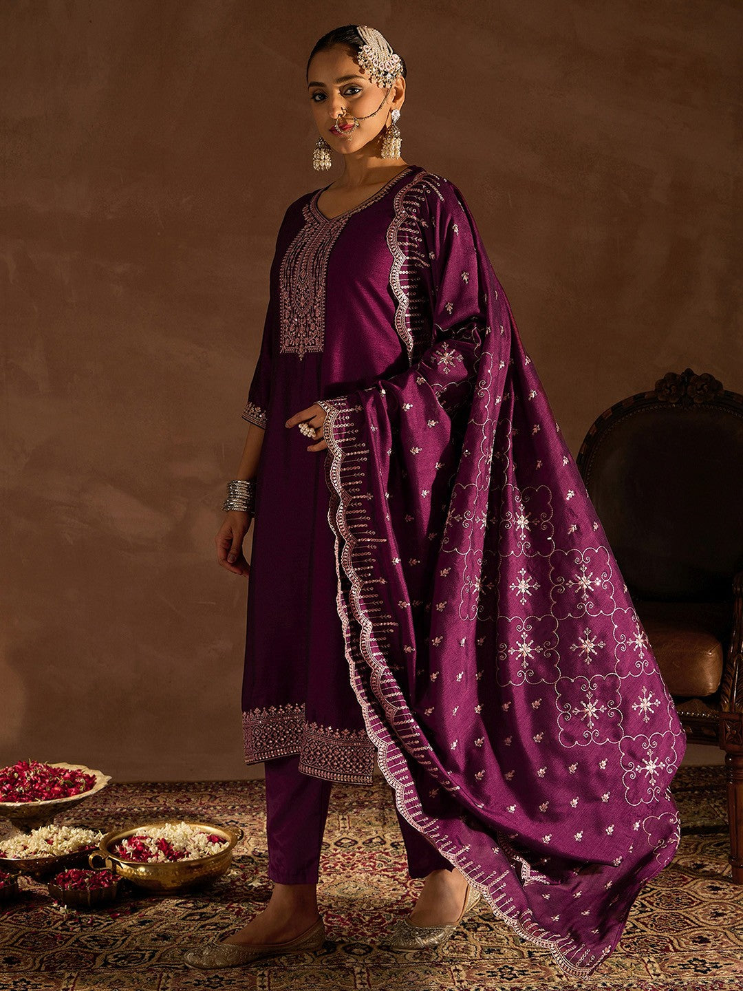 Burgundy Embroidered Regular Thread Work Straight Kurta With Trousers & Dupatta