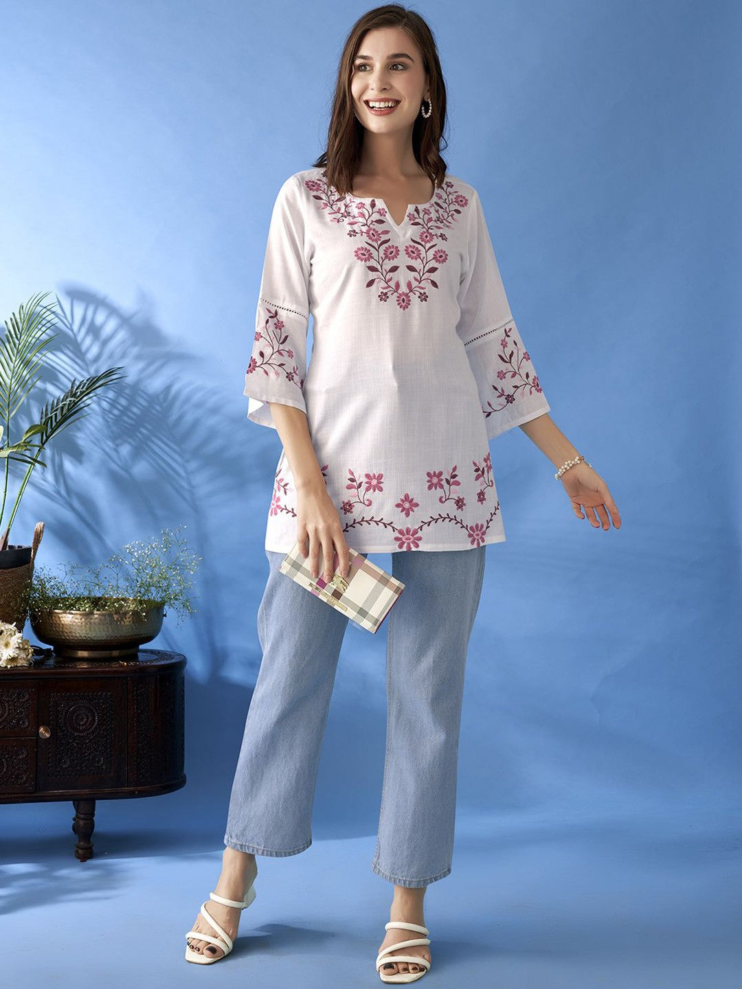 Floral Embroidered Thread Work Liva Thread Work Kurti