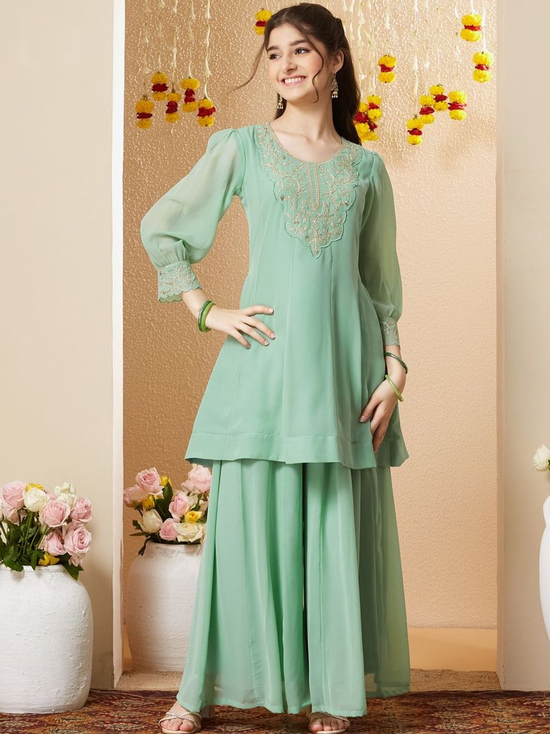 Girls Georgette Embroidered Kurta with Sharara Set