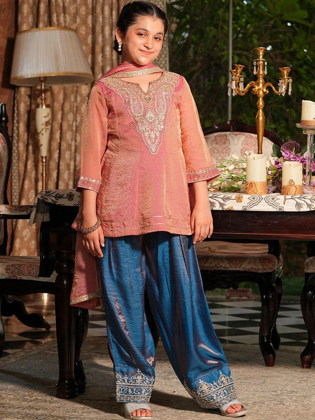 Girls Pink Silk Embroidered Peplum Kurti And Salwar Set With Dupatta