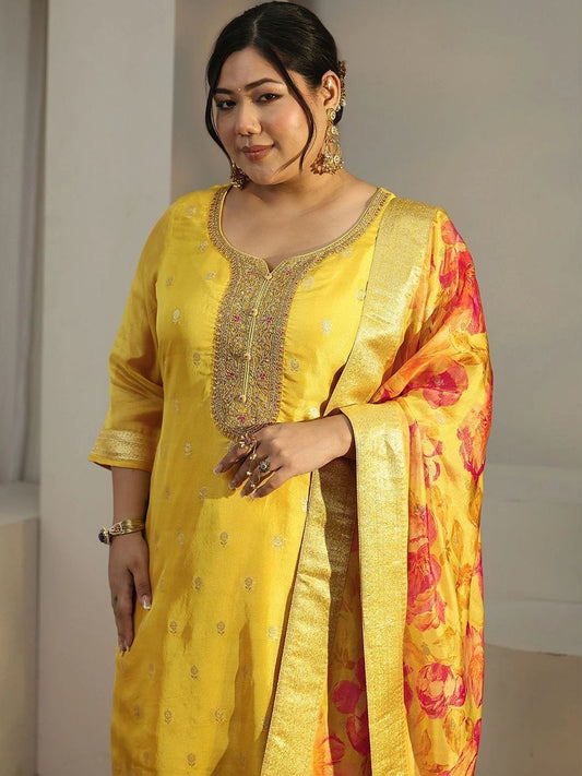 Women Ethnic Motifs Embroidered Regular Chanderi Silk Kurta with Trousers & With Dupatta