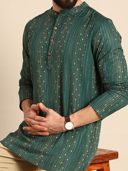 Men Green & Gold-Toned Striped Thread Work Straight Short Kurta