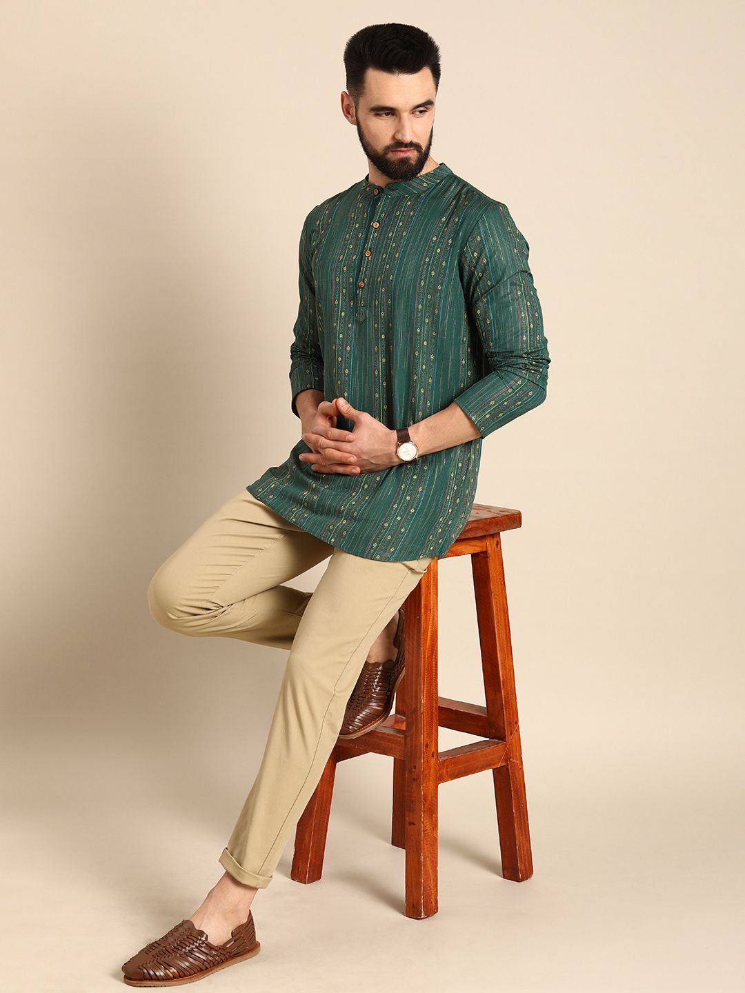Men Green & Gold-Toned Striped Thread Work Straight Short Kurta