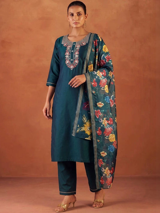 Women Floral Embroidered Regular Thread Work Kurta with Palazzos & With Dupatta