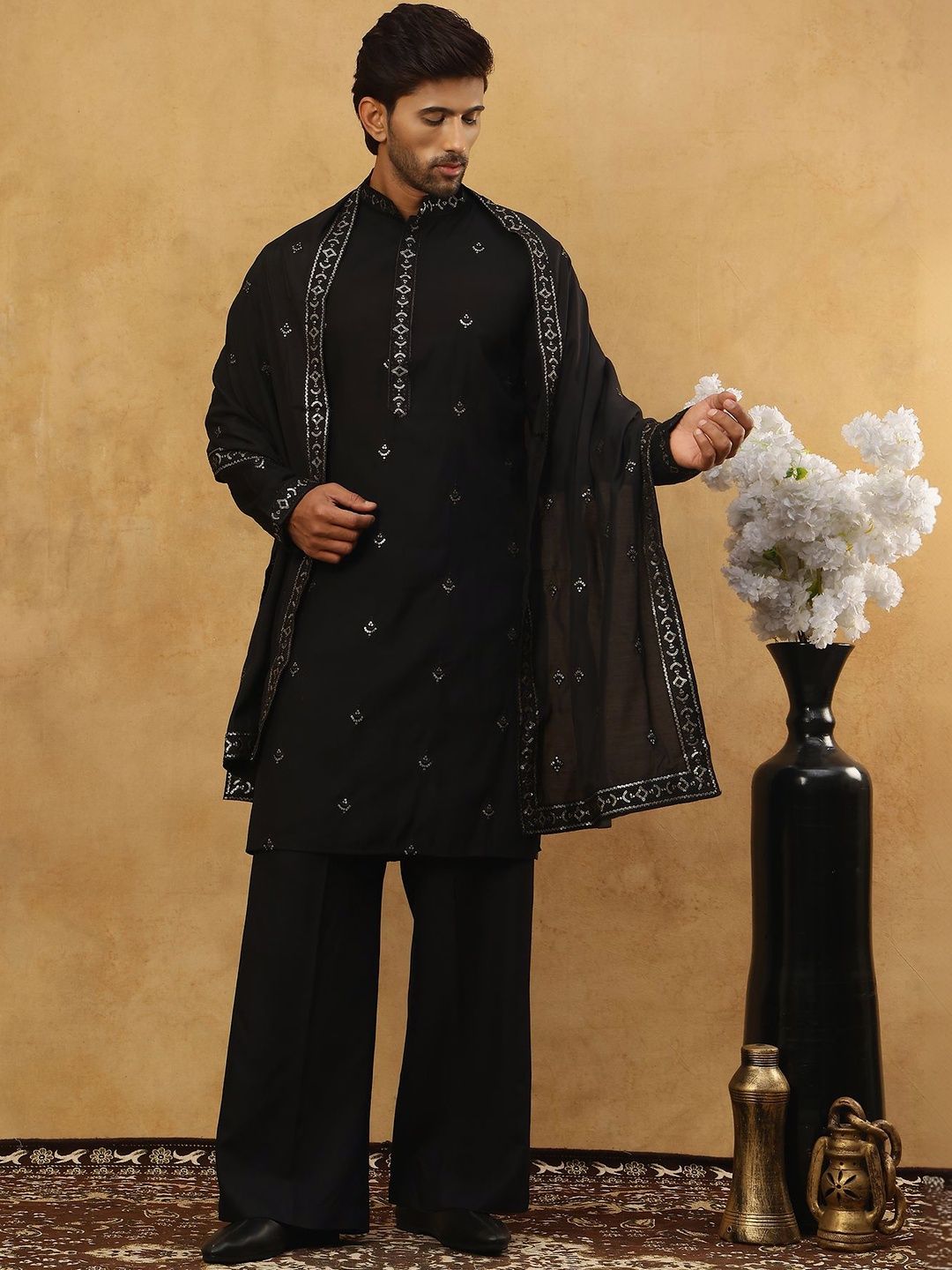 Floral Embroidered Sequinned Kurta With Korean Pants & Dupatta