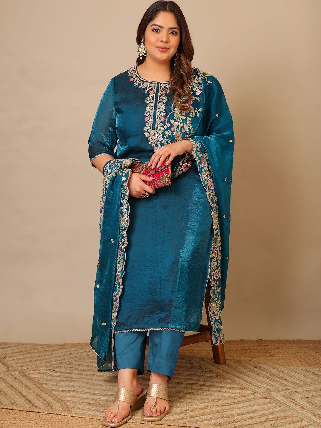 Women Ethnic Motifs Embroidered Regular Thread Work Kurta with Trousers & With Dupatta