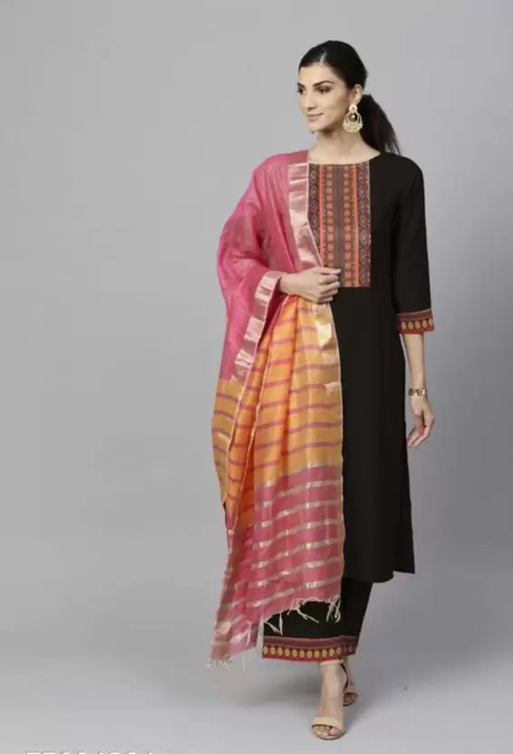 Women Kurta Pant And Dupatta Set Cotton Blend