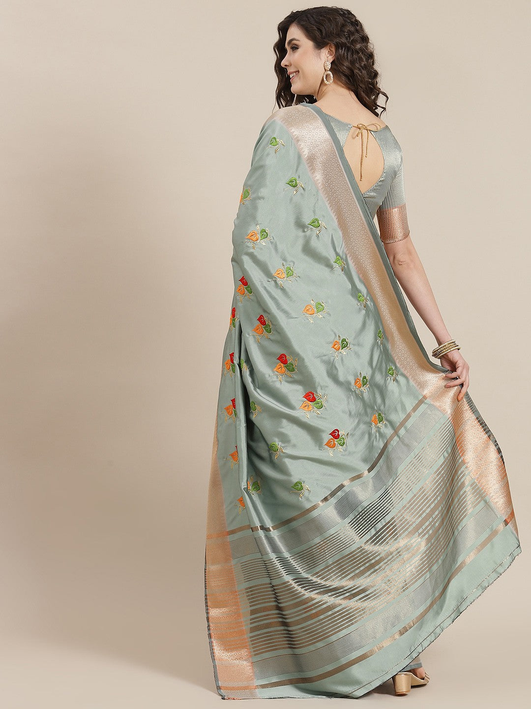 Blue Floral Embroidered Chanderi Saree
