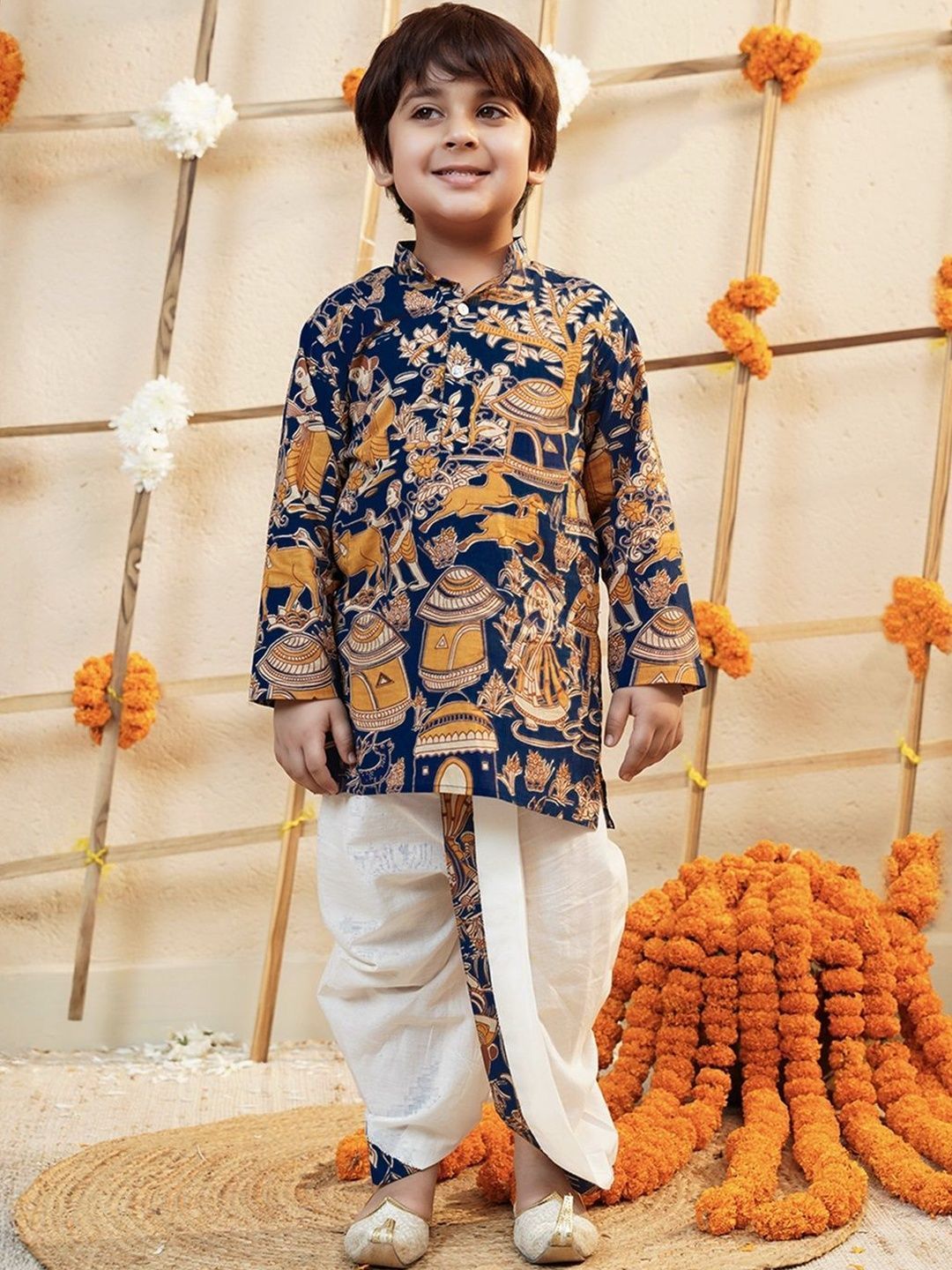 Boys Ethnic Motifs Printed Regular Pure Cotton Kurta with Dhoti Pants