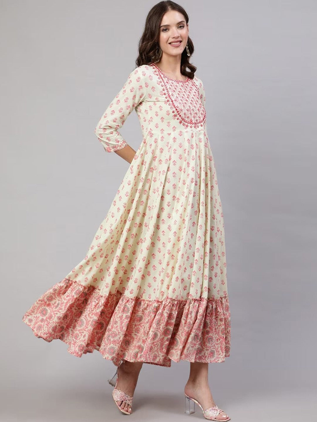 Floral Motifs Printed Mirror Work Anarkali Kurta