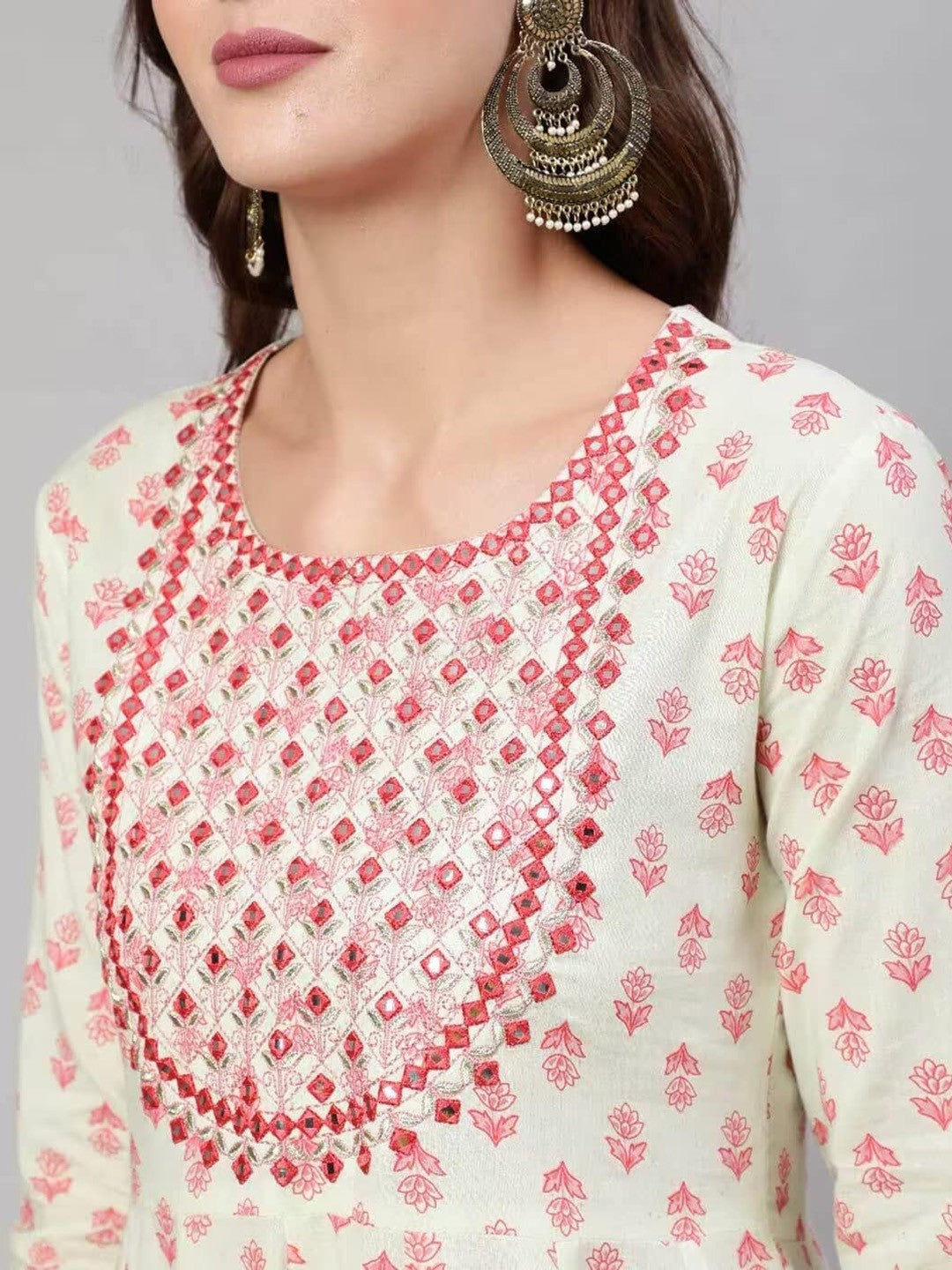 Floral Motifs Printed Mirror Work Anarkali Kurta
