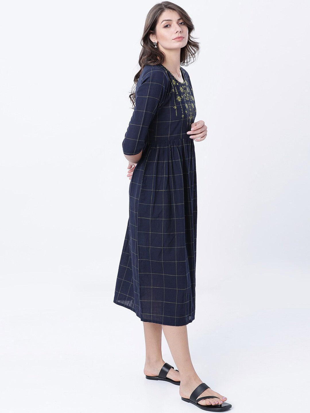 Women Navy Blue Checked Empire Dress