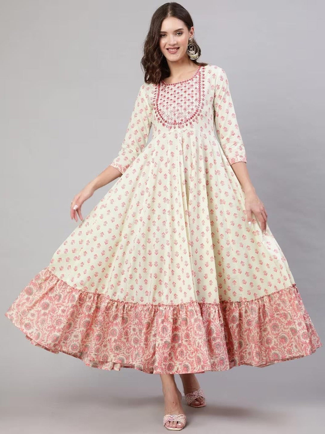 Floral Motifs Printed Mirror Work Anarkali Kurta