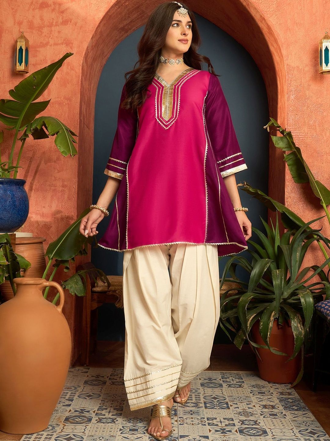 Women Cotton Silk Gota Patti Work High-Low Kurti With Farshi Salwar