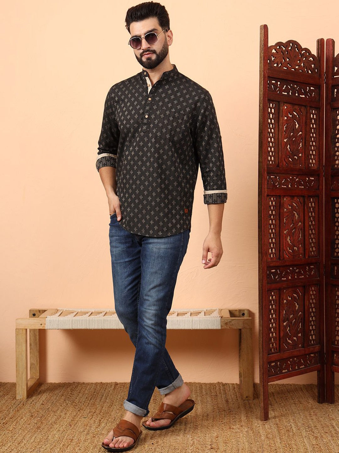 Ethnic Motifs Printed Mandarin Collar Cotton Short Kurta