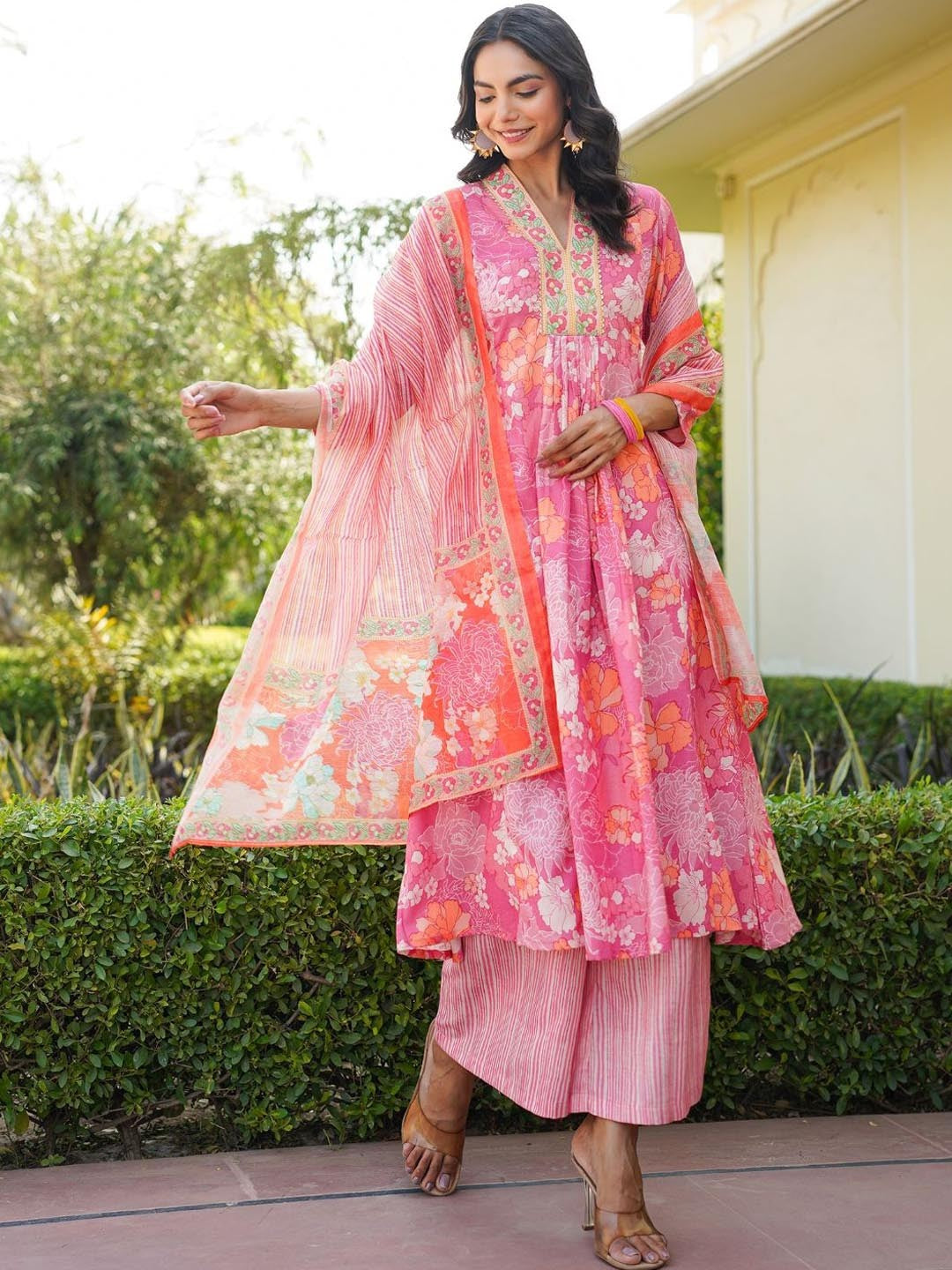 Floral Printed V-Neck Pleated A-Line Kurta With Palazzos And Dupatta