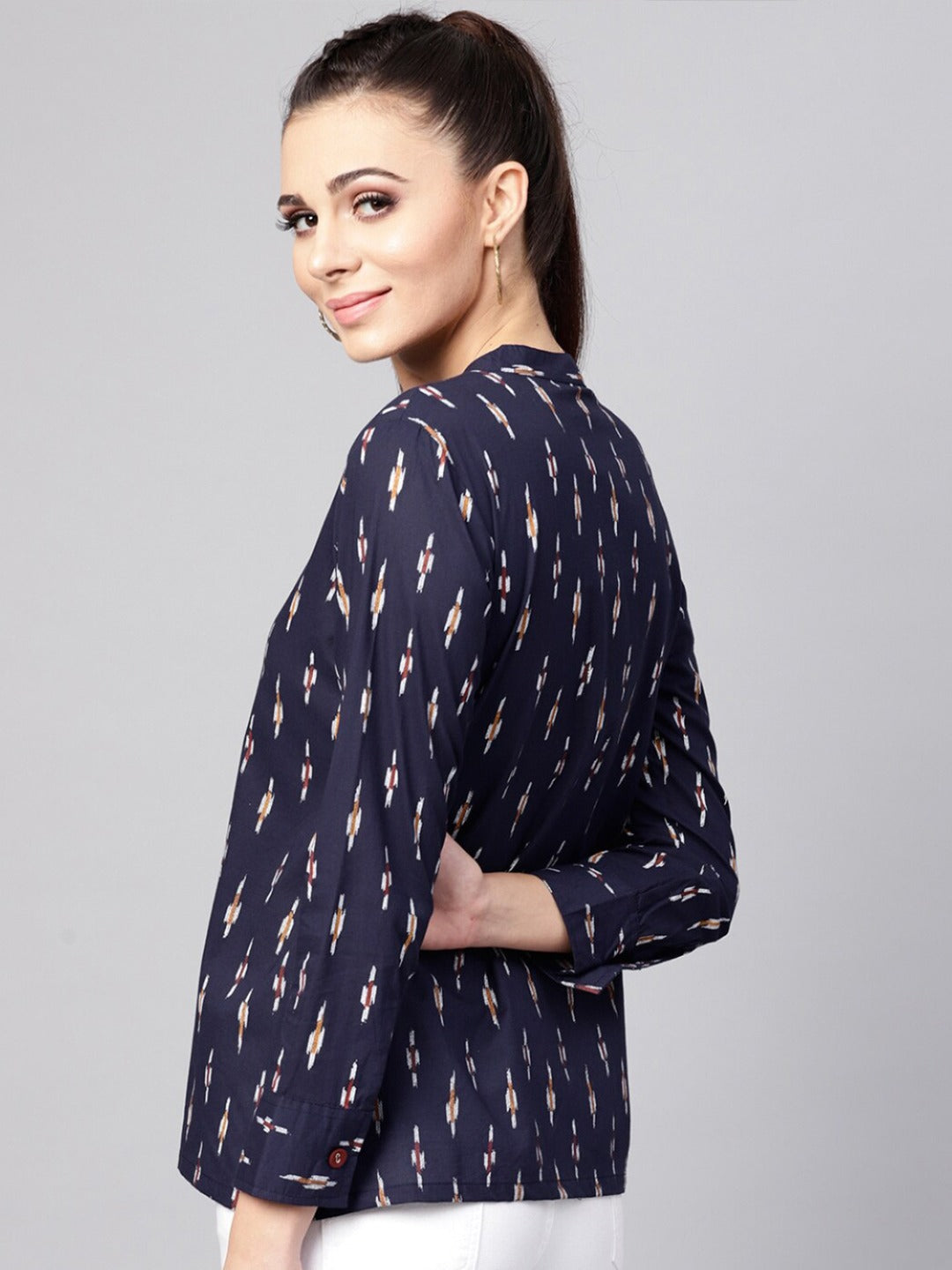 Navy Blue & White Geometric Ikat Print Mandarin Collar Shirt Style Cotton Top