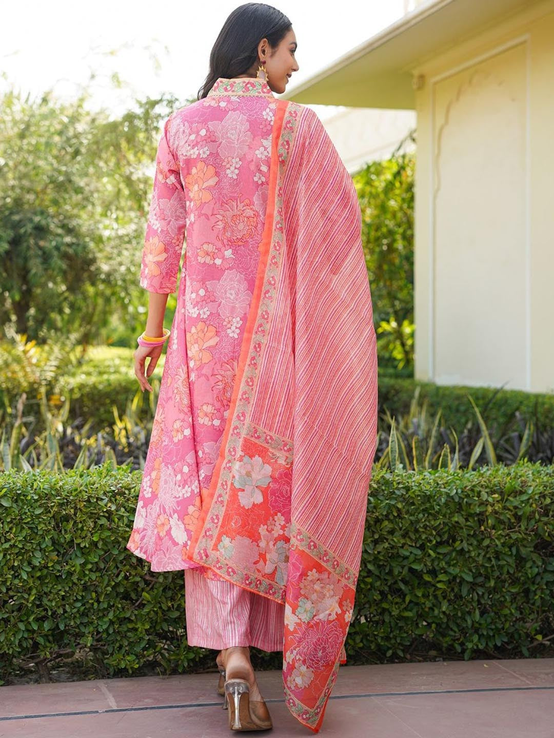 Floral Printed V-Neck Pleated A-Line Kurta With Palazzos And Dupatta