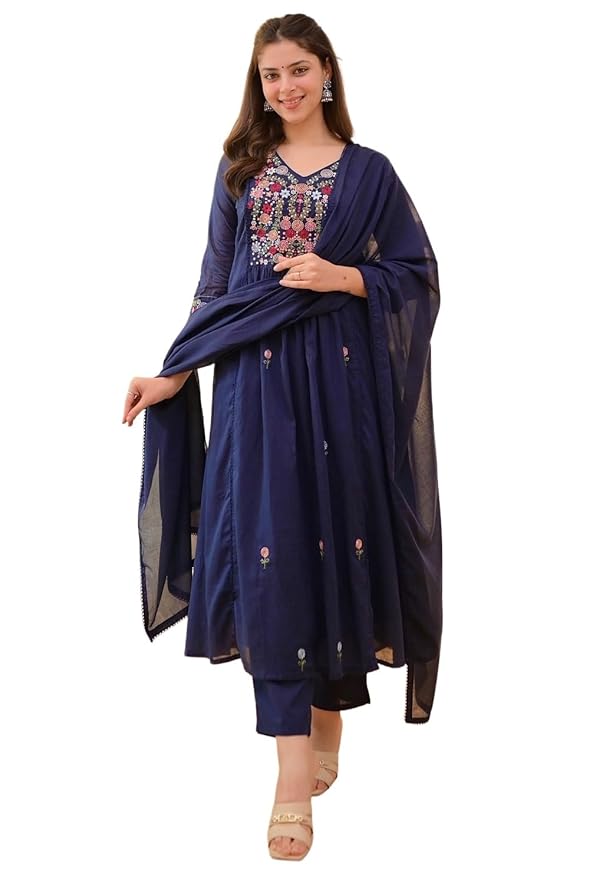Women Embroidery Solid Anarkali Kurta and Pant Set with Dupatta