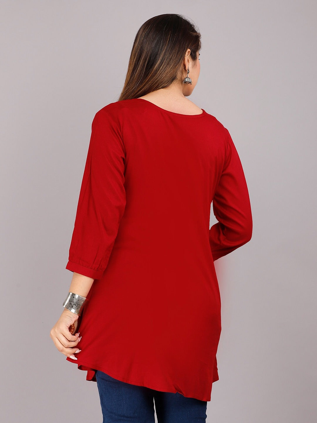 Red & White Embroidered Longline Top