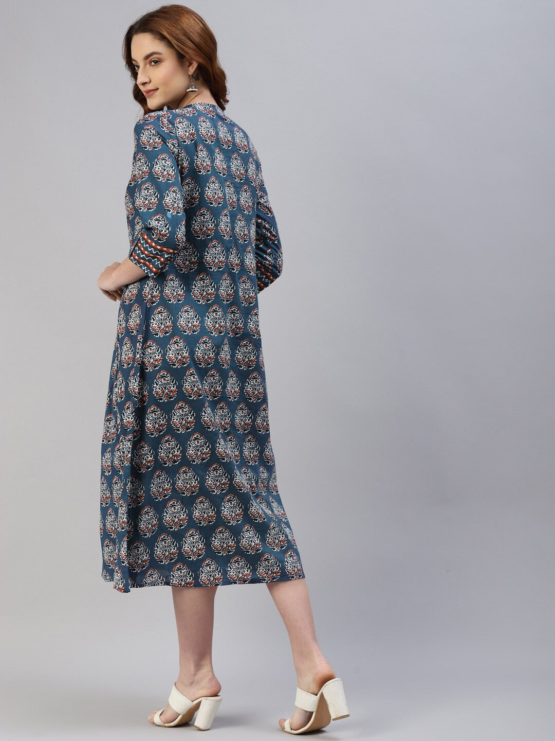 Blue Ethnic Motifs Ethnic A-Line Midi Dress