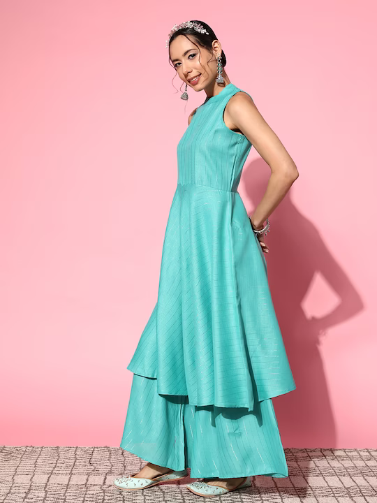 Striped Blue Flare Kurta with Palazzos