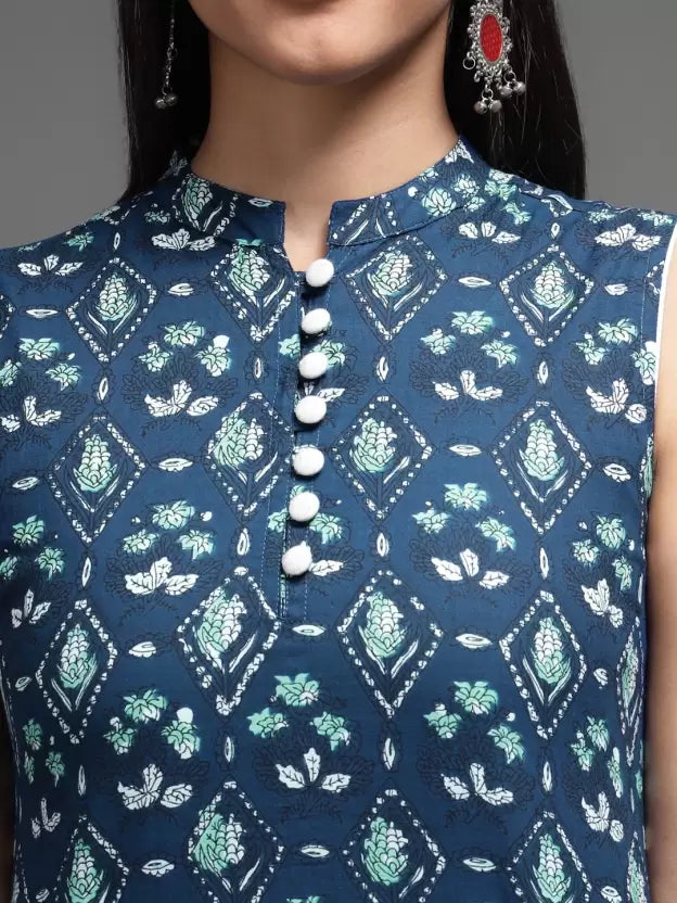 Women Sleeveless Printed Pure Cotton Straight Kurta Top