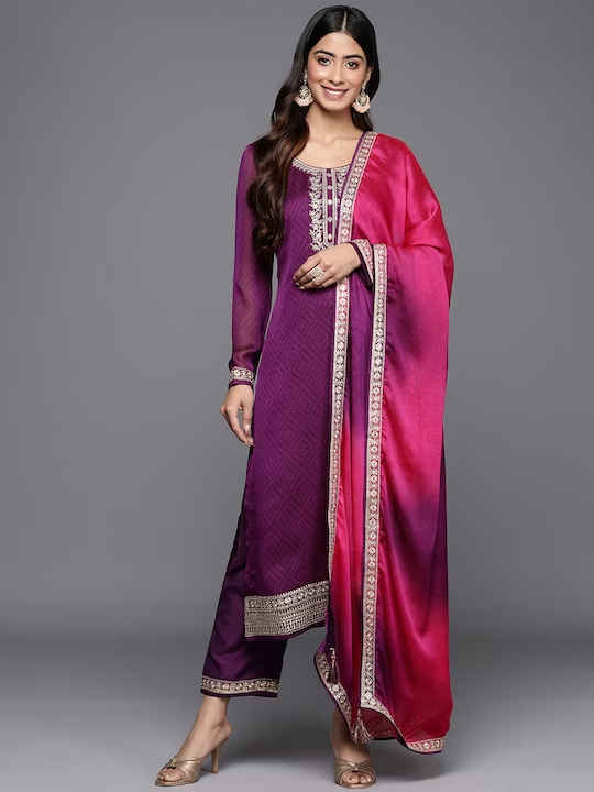Floral Printed Kurta with Trousers & With Dupatta