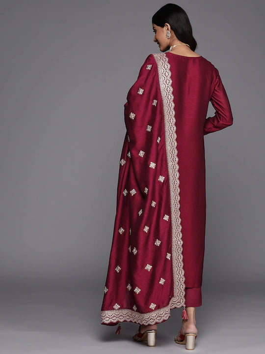Women Maroon Floral Yoke Design Kurta Trousers & Dupatta