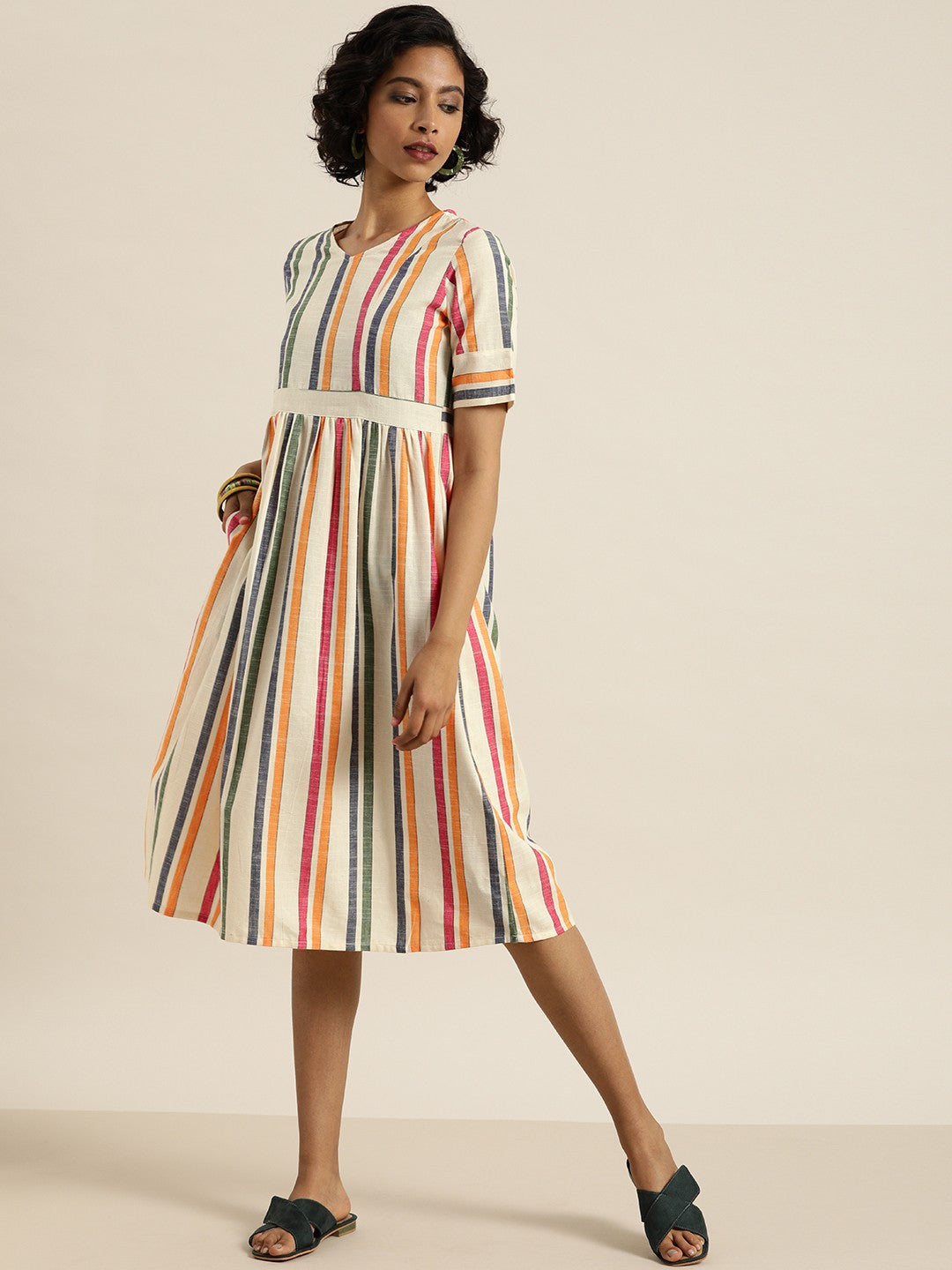 Women Multicoloured Striped Woven Legacy A-Line Dress with Pockets