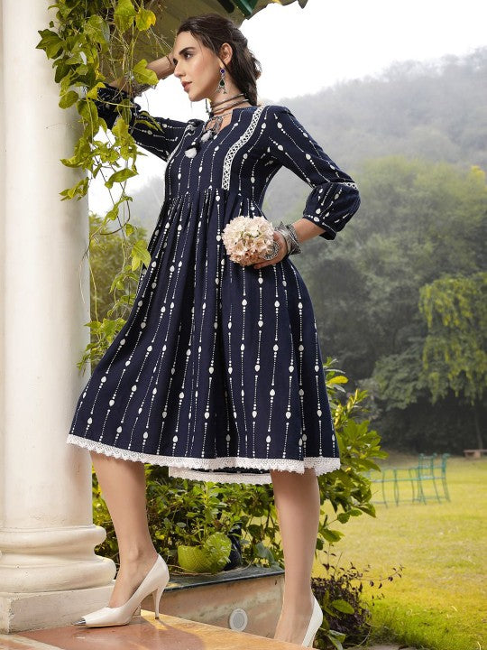 Abstract Printed Tie-Up Neck Puff Sleeves Pure Cotton Fit & Flare Dress