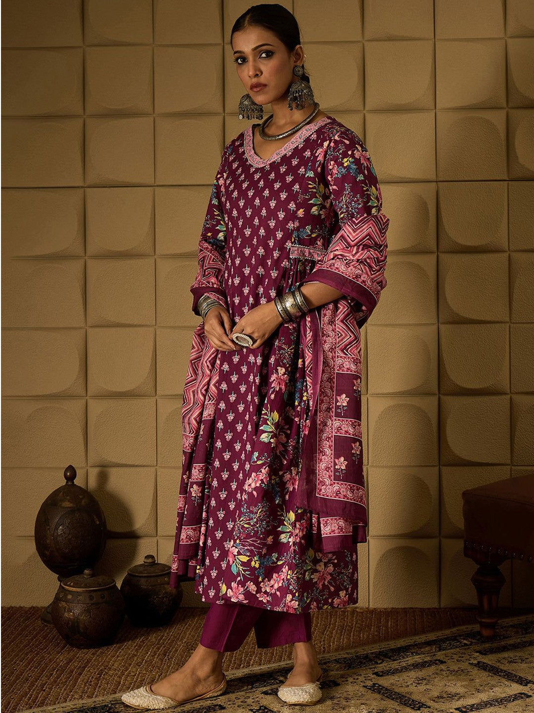 Women Floral Printed Angrakha Gotta Patti Pure Cotton Kurta with Trousers & With Dupatta