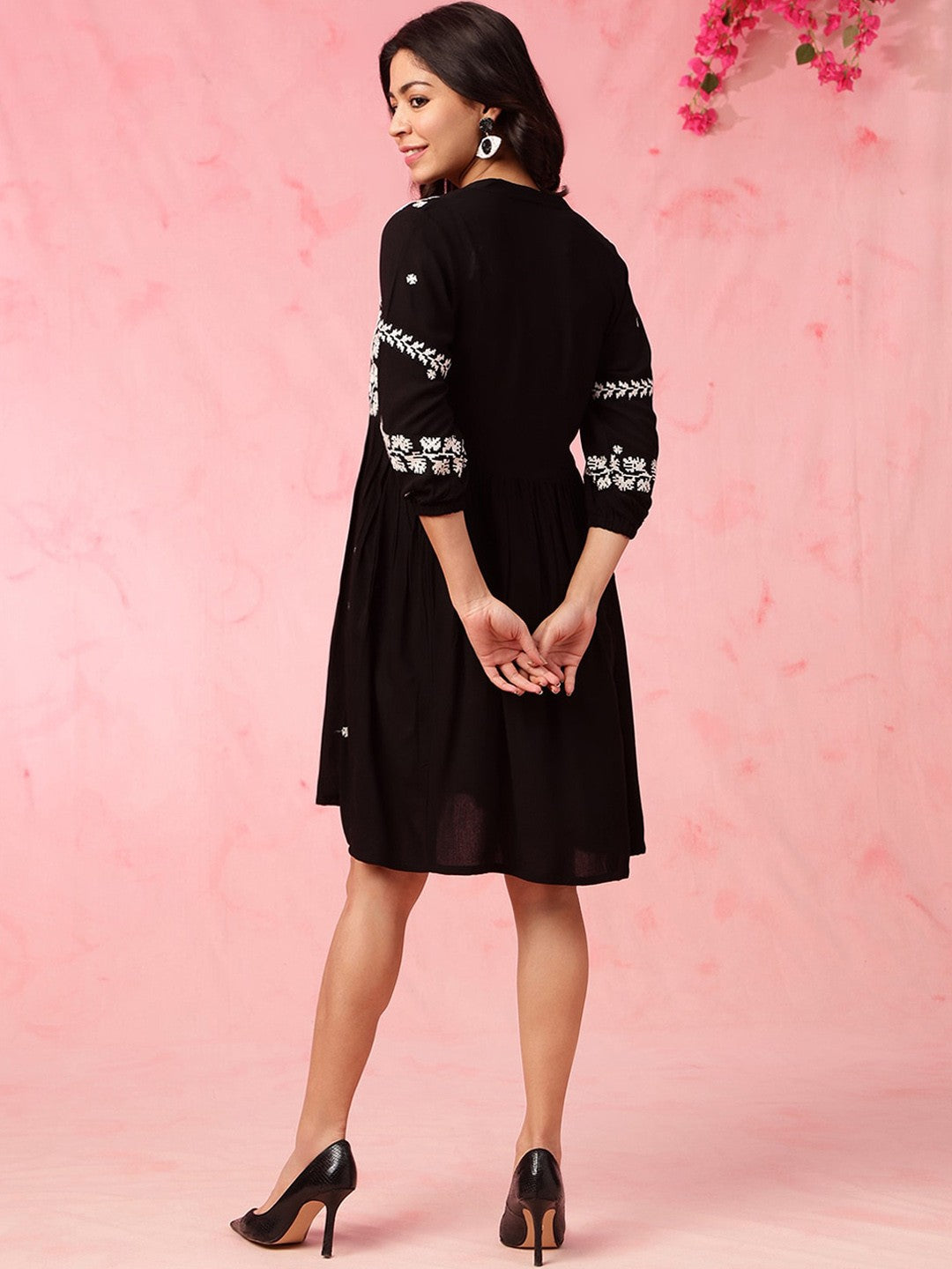 Black Floral Embroidered A Line Knee Liva Length Ethnic Dress