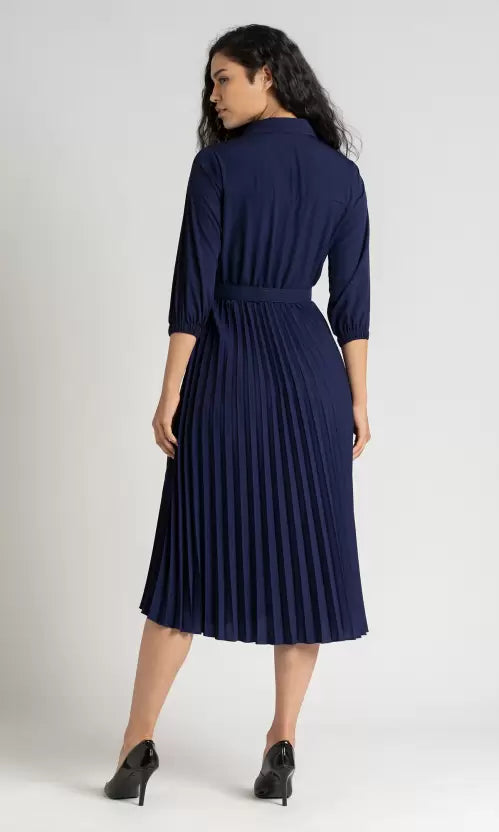 Women Trendy Pleated Blue Dress