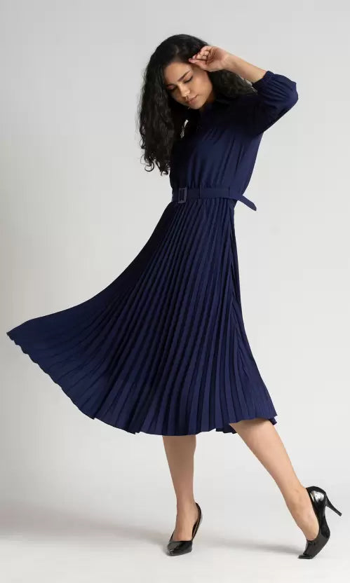 Women Trendy Pleated Blue Dress