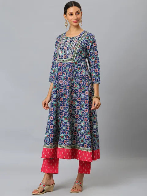Blue & Mint Floral Printed Straight Kurta With Trousers & Printed Dupatta