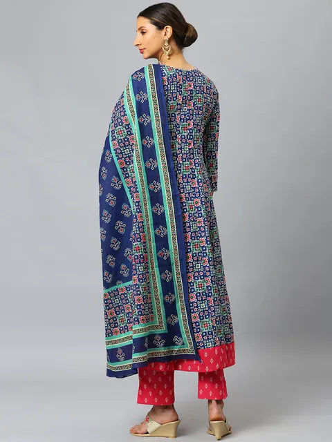 Blue & Mint Floral Printed Straight Kurta With Trousers & Printed Dupatta