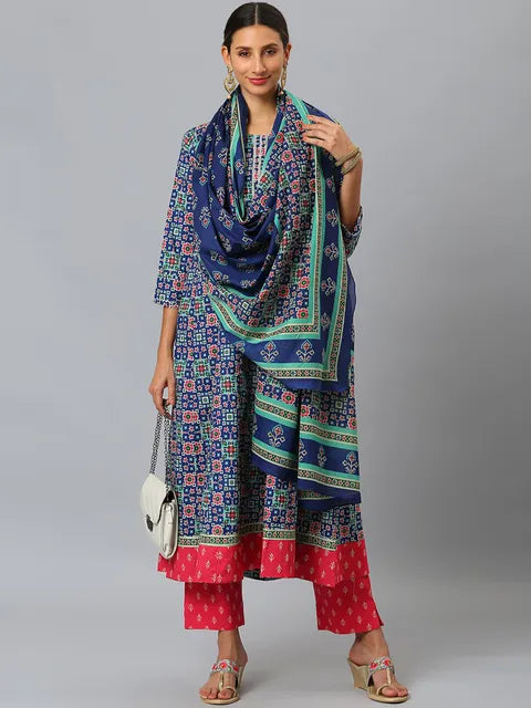 Blue & Mint Floral Printed Straight Kurta With Trousers & Printed Dupatta