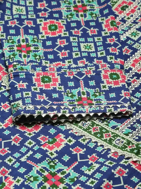 Blue & Mint Floral Printed Straight Kurta With Trousers & Printed Dupatta