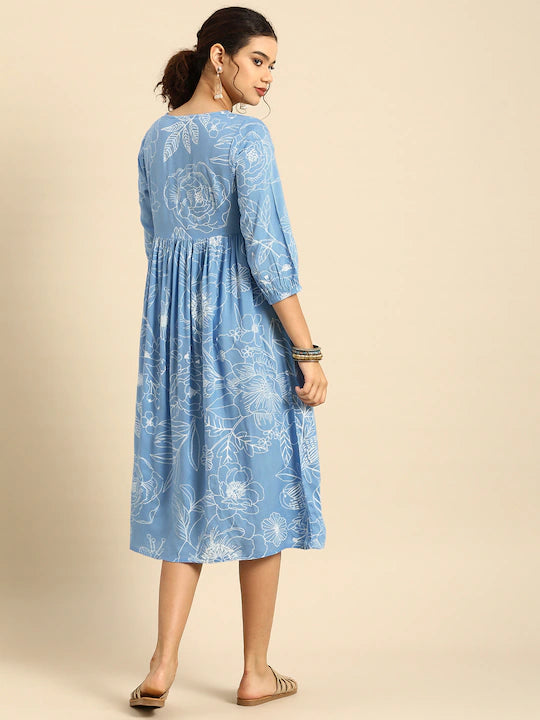 Blue & White Floral Square neck Fit N Flare Dress
