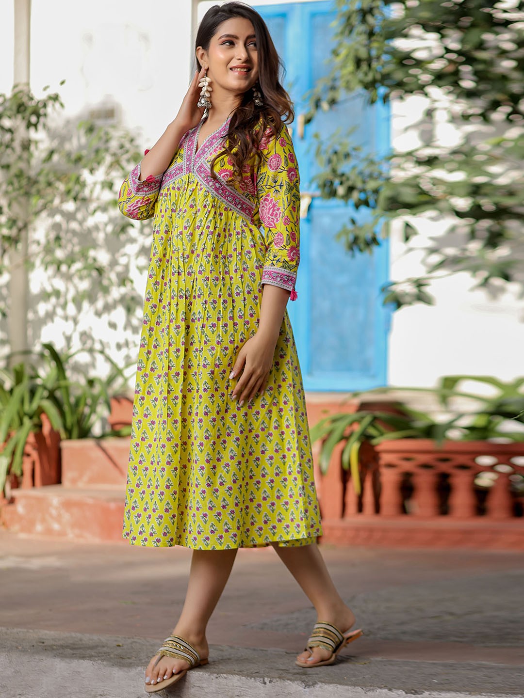 Yellow Floral Printed Cotton Empire Midi Ethnic Dresses