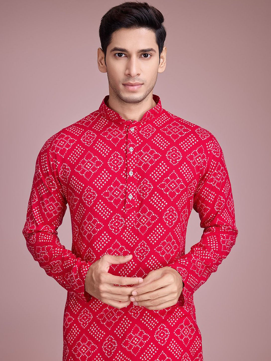 Bandhani Printed Mandarin Collar Long Sleeves Straight Kurta