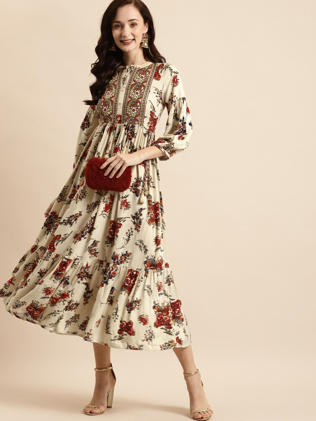 Off White & Red Floral Liva Ethnic A-Line Maxi Ethnic Dress