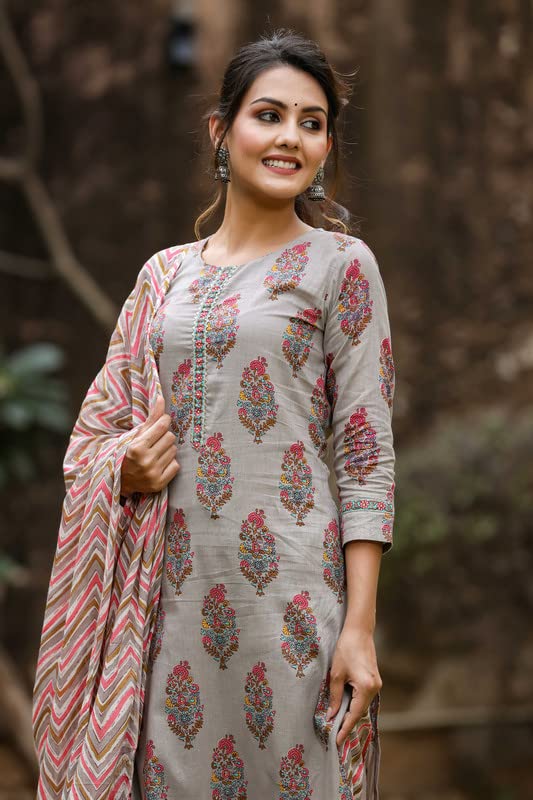 Women's Grey Cotton Blend Floral Block Printed Straight Kurta Pant With Dupatta