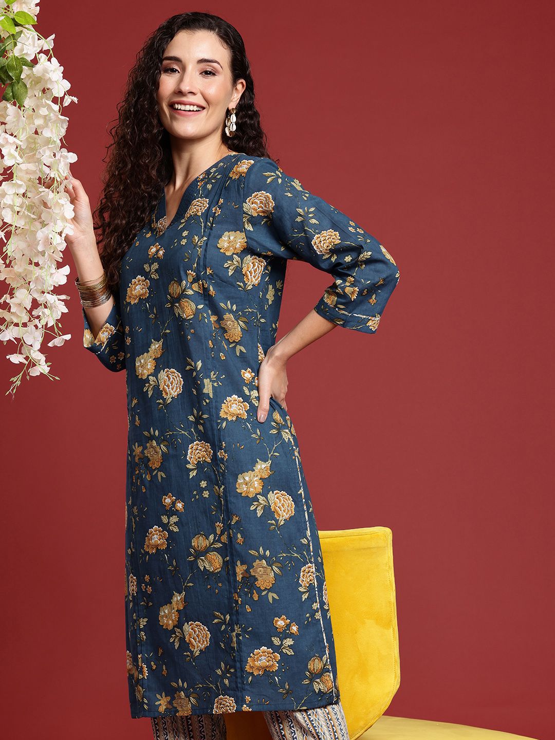 Floral Printed Pure Cotton Kurta with Trousers