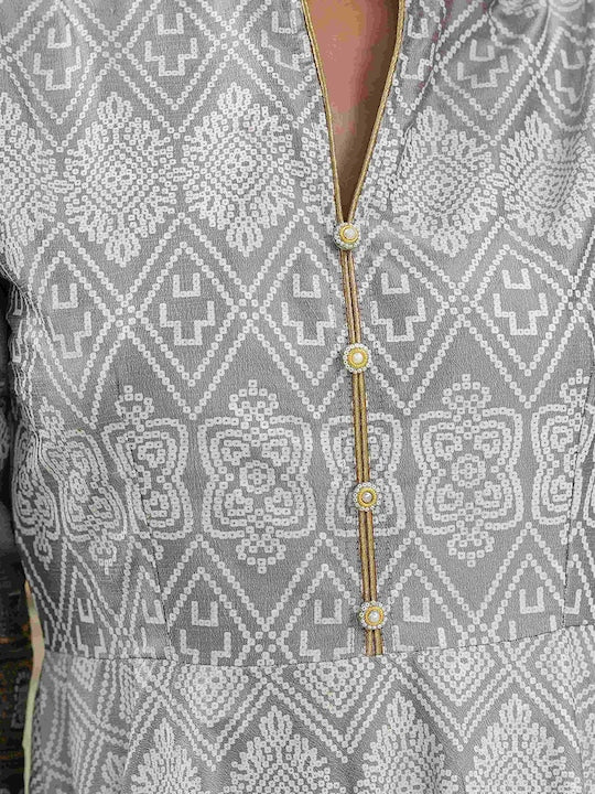 Grey Melange & Grey Ethnic Motifs Ethnic Maxi Dress
