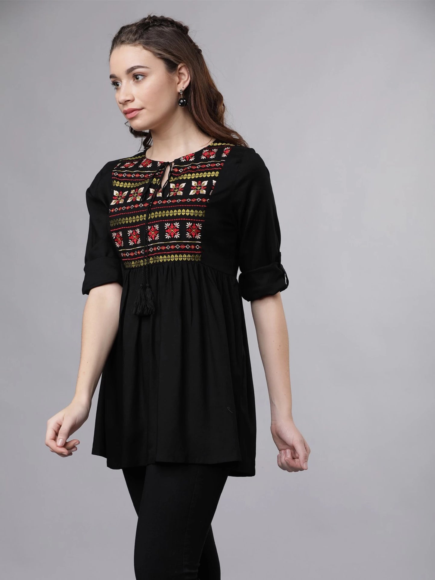 Casual Regular Sleeves Embroidered Women Black Top