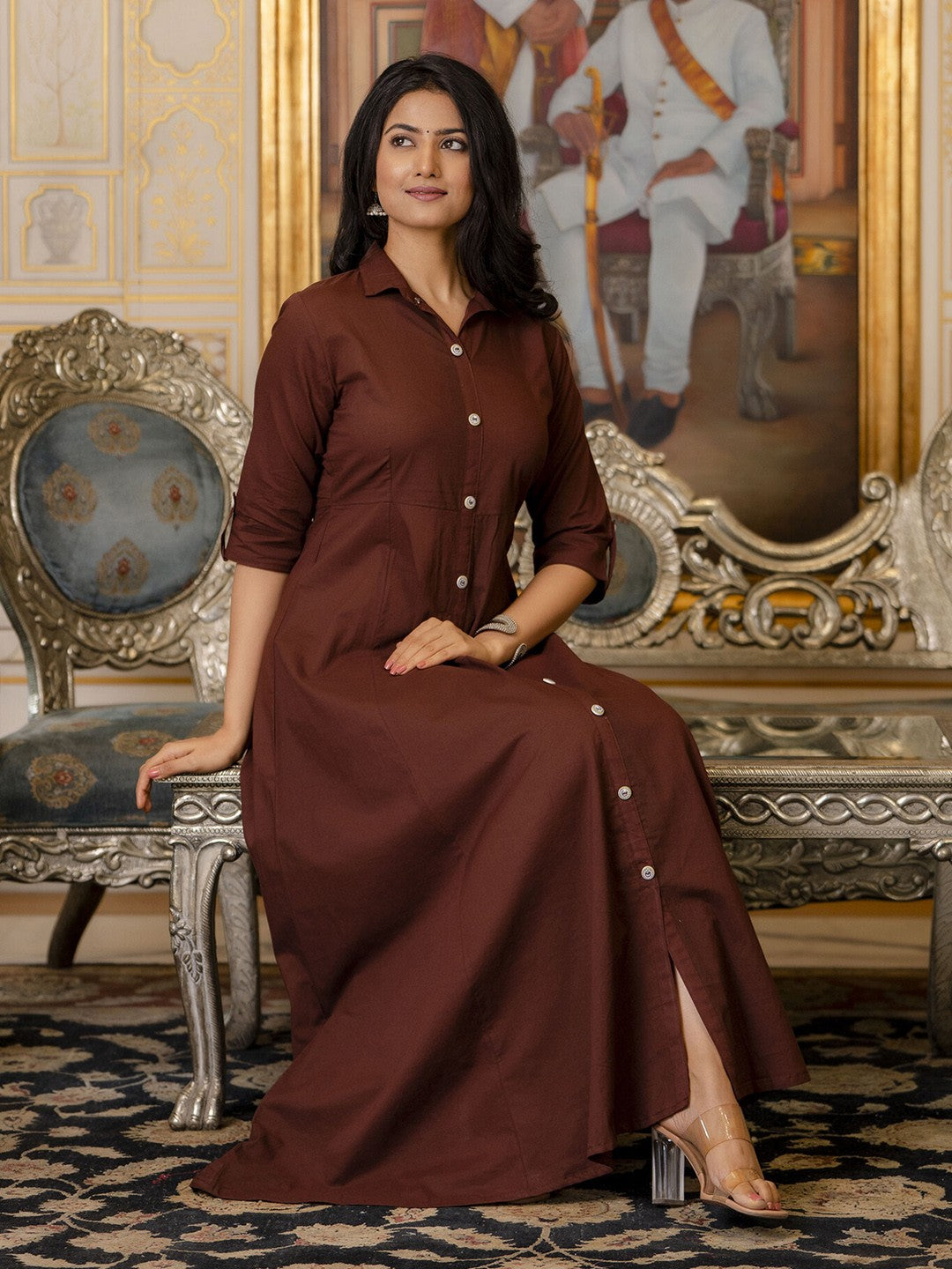 Coffee Brown Shirt Cotton Maxi Dress