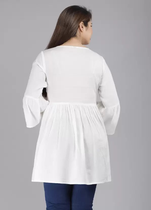Casual Bell Sleeves Embroidered Women White Top