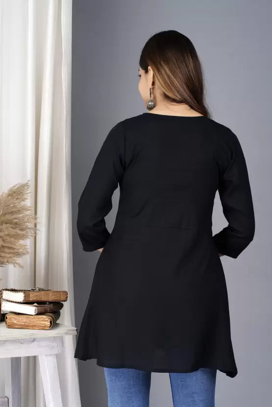 Casual Regular Sleeves Embroidered Women Black Top